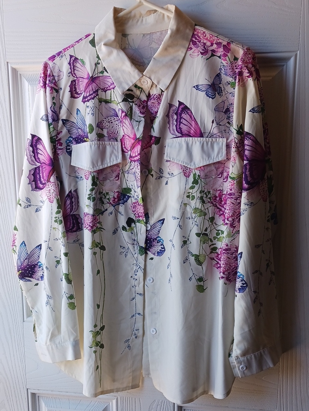 Butterfly Floral Button-Up Blouse — Cream & Purple